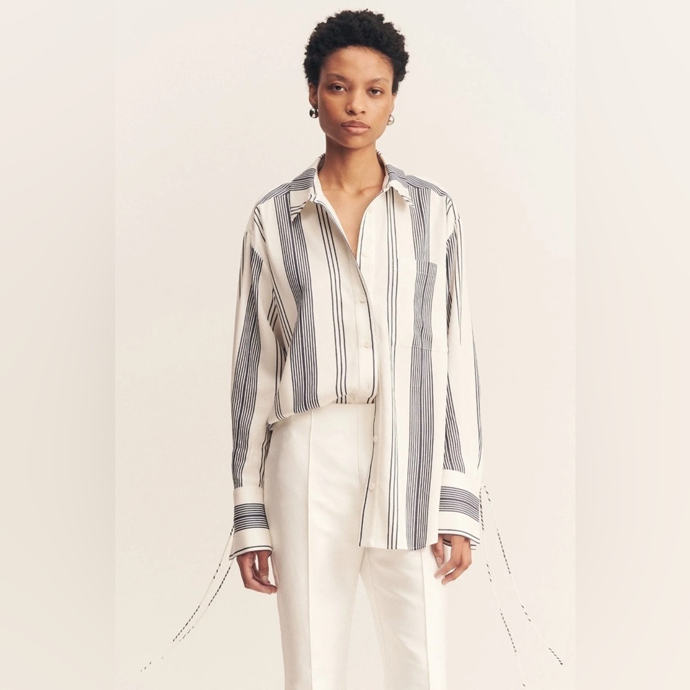 NWT Shona Joy Harlow Top Oversized Blouse Navy Ivory Stripe Button Down US 4